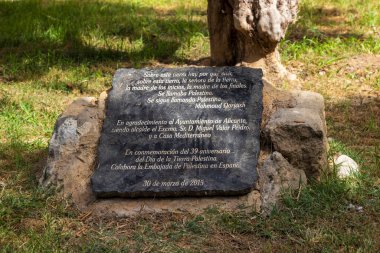 Alicante İspanya - 13 Temmuz 2025: Filistin davasına adanmış yeşil bir park alanında dayanışmayı sembolize eden ve Dünya Günü 'nün yıldönümünü onurlandıran bir taş levha.
