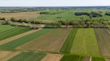 Topraktan akan yemyeşil tarlaların ve tarım arazilerinin havadan görünüşü. Sahne, ilkbaharda kırsal doğanın güzelliğini gösteriyor. Tarım ve vahşi hayatı vurguluyor..