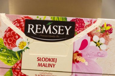 Warsaw Poland - September 16 2025: Close-up of a Remsey tea package featuring raspberry and floral designs showcasing vibrant colors and fresh ingredients.