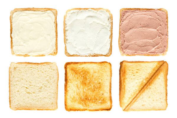 Set of six slices of toast bread with melted cheese, curd cheese and pate. Isolated on white