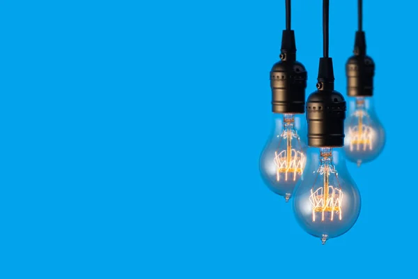 Edison Glühbirnen Auf Blauem Hintergrund Raum Für Text — Stockfoto