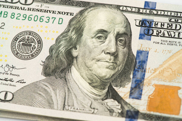 Close-up view of new 100 dollar.
