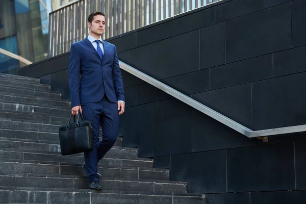Serious Young Businessman Briefcase Walking Stairs Business Center — Stock Photo, Image