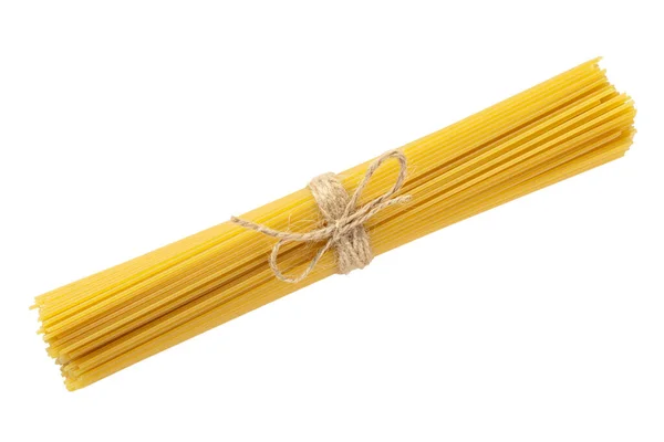 Rauwe Droge Spaghetti Gebonden Met Bruin Bindgaren Witte Achtergrond Geïsoleerd — Stockfoto