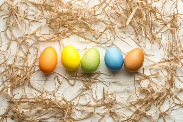 Malované Velikonoční Vajíčka Dřevěném Pozadí — Stock fotografie