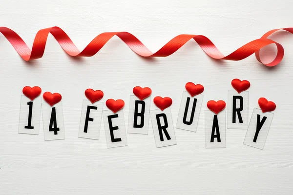 February Calendar Date Red Hearts Ribbon Band Top View Valentines — Stock Photo, Image