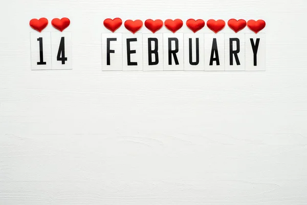 February Calendar Date Red Hearts Ribbon Band Top View Valentines — Stock Photo, Image