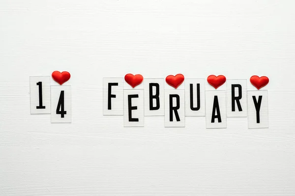 February Calendar Date Red Hearts Ribbon Band Top View Valentines — Stock Photo, Image