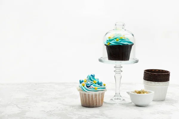 Cupcakes Teal Decorados Com Doces Coloridos Mini Pastelaria Mesa Cinza — Fotografia de Stock