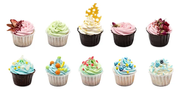 Cupcakes Coloridos Com Decoração Moderna Diferente Fundo Branco Isolado — Fotografia de Stock