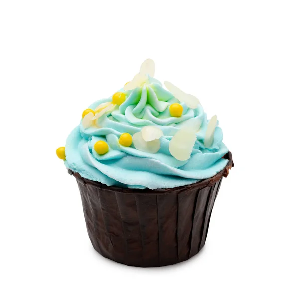 Cupcake Blu Decorato Con Caramelle Sfondo Bianco Isolato — Foto Stock