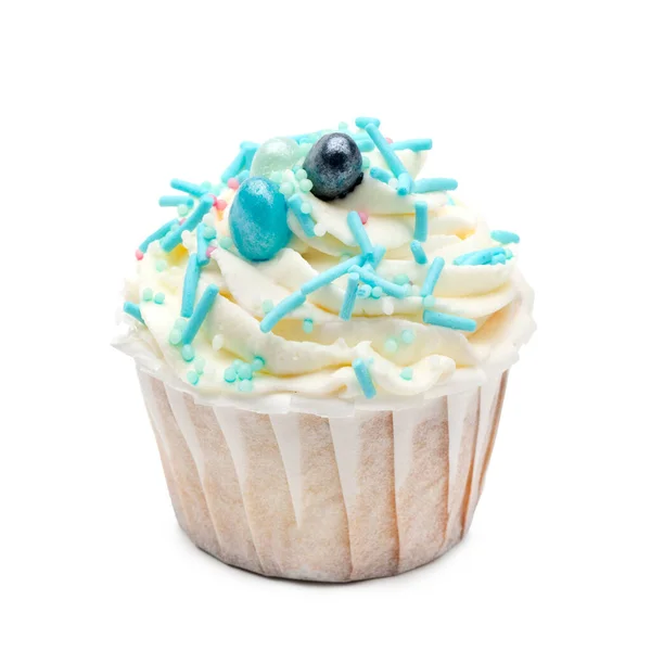 Cupcake Blu Decorato Con Caramelle Sfondo Bianco Isolato — Foto Stock