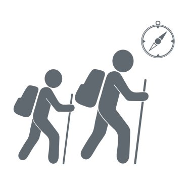 Pusula simgesini turistlerle hiking. Vektör illustratio