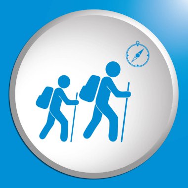 Pusula simgesini turistlerle hiking. Vektör illustratio