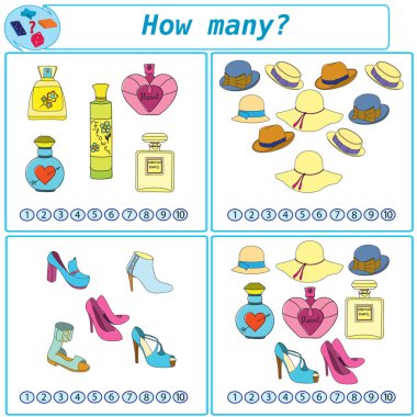 Mantıksal görev. Say ve her dört nesne sayısını işaretlemek. Vektör çizim