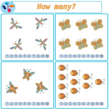 Mantıksal görev. Say ve her dört nesne sayısını işaretlemek. Vektör çizim