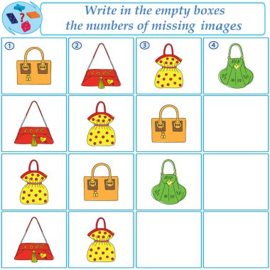 Mantıklı bir görev. Hangi resimlerin eksik olduğunu bul. Vektör illüstrasyonu