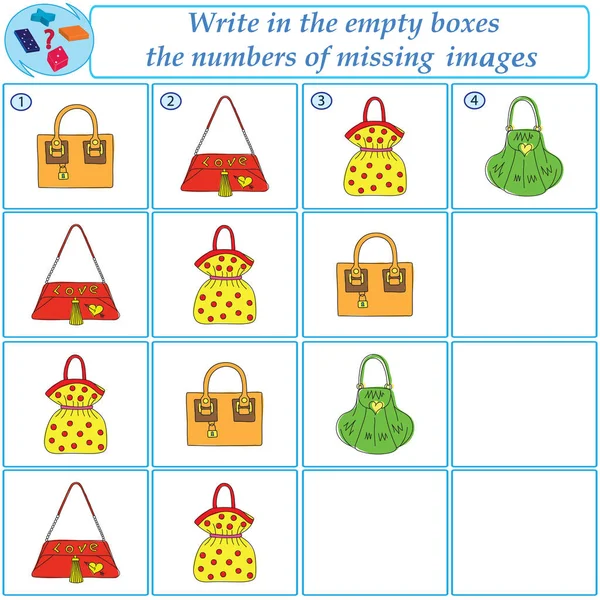 Mantıklı bir görev. Hangi resimlerin eksik olduğunu bul. Vektör illüstrasyonu