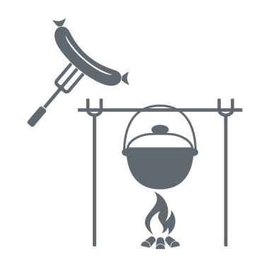 Yangın, pot ve sosis simgesi. Vektör çizim