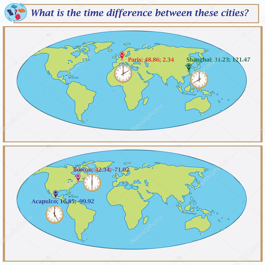 Logical task.What is the time difference between these cities? Vector illustration