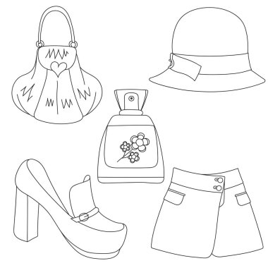 Seviyelendirilmiş ayakkabı, çanta, Etek, beyaz zemin üzerine şapka ve parfüm şişe kümesi. Vektör çizim.