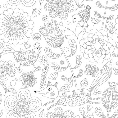 Fox, tavuk ve tavuk ile soyut çiçek seamless modeli. Elle çizilmiş doodle. Vektör çizim.