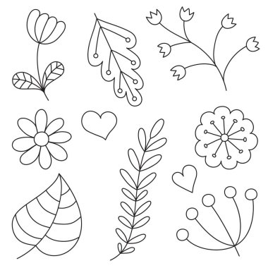 Soyut çiçek öğeleri kümesi. Elle çizilmiş doodle. Vektör çizim.