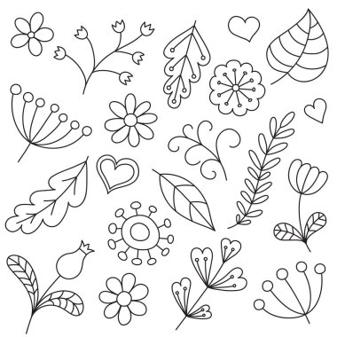Soyut çiçek öğeleri kümesi. Elle çizilmiş doodle. Vektör çizim
