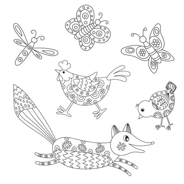 Seviyelendirilmiş elle çizilmiş hayvan kümesi: fox, hend, tavuk, kelebekler ve yusufçuk. Vektör çizim