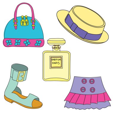Ayakkabı, çanta, Etek, beyaz zemin üzerine şapka ve parfüm şişe kümesi. Vektör çizim