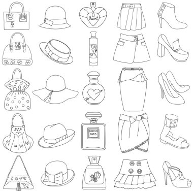 Seviyelendirilmiş ayakkabı, çanta, şapka ve beyaz zemin üzerine parfüm şişe etekler kümesi. Vektör çizim.