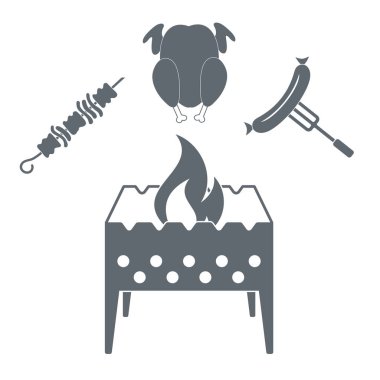 Brazier, kebap, tavuk ve sosis ikonu. Vektör illüstrasyonu