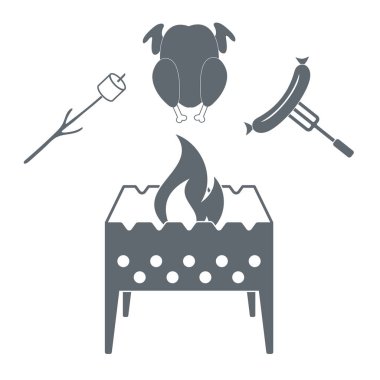 Mangal, Zephyr'i, tavuk ve sosis simgesi. Vektör illustratio