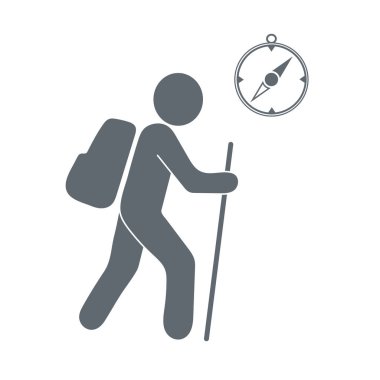 Pusula simgesini turistlerle hiking. Vektör illustratio