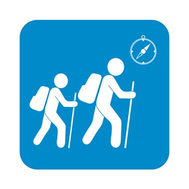 Pusula simgesini turistlerle hiking. Vektör illustratio