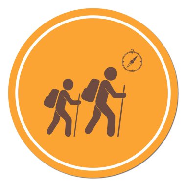 Pusula simgesini turistlerle hiking. Vektör illustratio