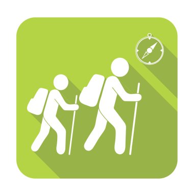 Pusula simgesini turistlerle hiking. Vektör illustratio