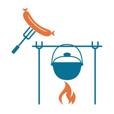 Yangın, pot ve sosis simgesi. Vektör çizim