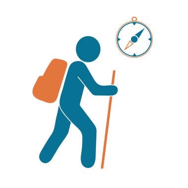Pusula simgesini turistlerle hiking. Vektör illustratio