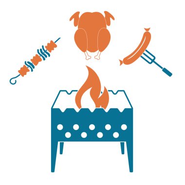 Brazier, kebap, tavuk ve sosis ikonu. Vektör illüstrasyonu