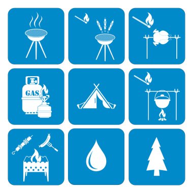 Kamp ekipmanları simgeler kümesi. Vektör çizim