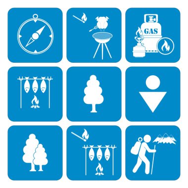 Kamp ekipmanları simgeler kümesi. Vektör çizim