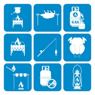 Kamp ekipmanları simgeler kümesi. Vektör çizim