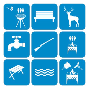 Kamp ekipmanları simgeler kümesi. Vektör çizim