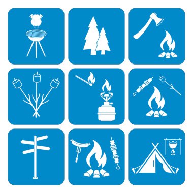 Kamp ekipmanları simgeler kümesi. Vektör çizim