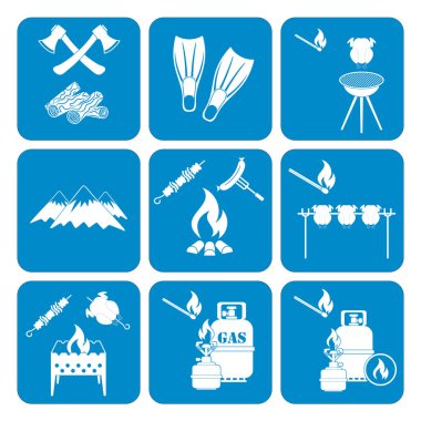 Kamp ekipmanları simgeler kümesi. Vektör çizim