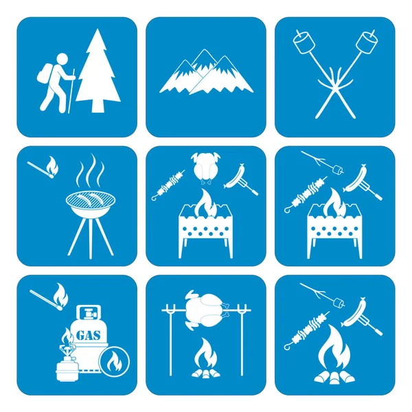 Set Icone Dell Attrezzatura Campeggio Illustrazione Vettoriale — Vettoriale Stock
