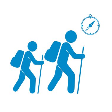 Pusula simgesini turistlerle hiking. Vektör illustratio