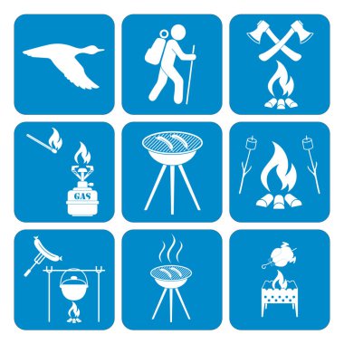 Kamp ekipmanları simgeler kümesi. Vektör çizim