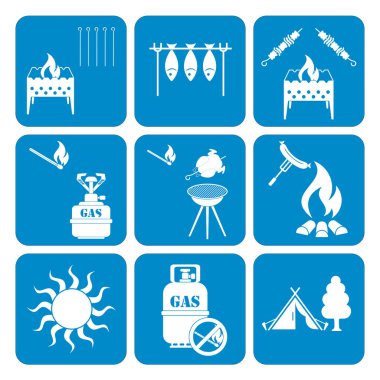 Kamp ekipmanları simgeler kümesi. Vektör çizim